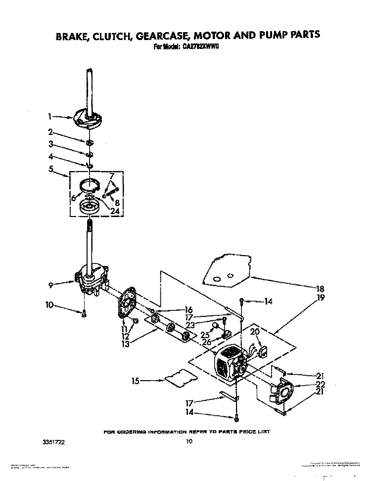 BRAKE, CLUTCH, GEARCASE, MOTOR AND PUMP Diagram and Parts List for CA2762XWG0  Whirlpool Washer