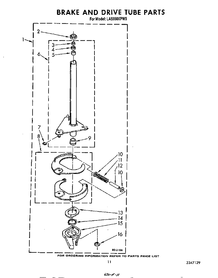 BRAKE AND DRIVE TUBE Diagram and Parts List for LA5550XPW5  Whirlpool Washer