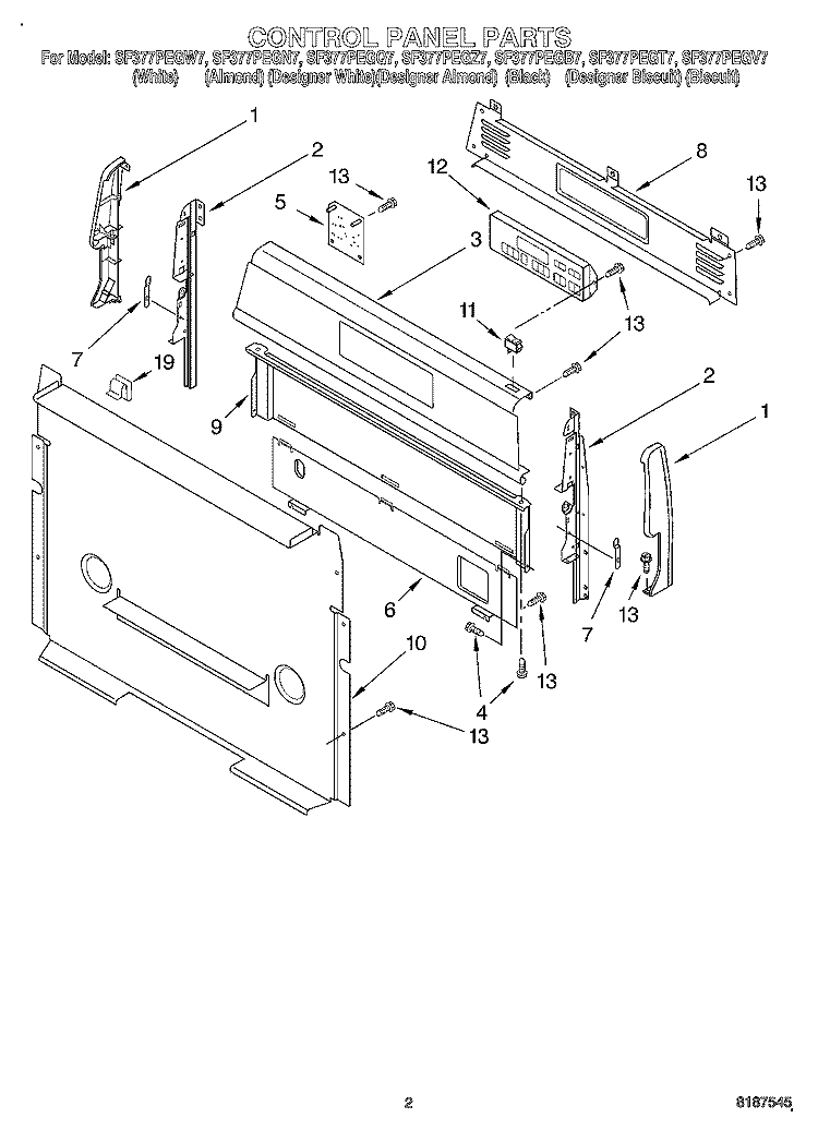 CONTROL PANEL Diagram and Parts List for SF377PEGN7  Whirlpool Range