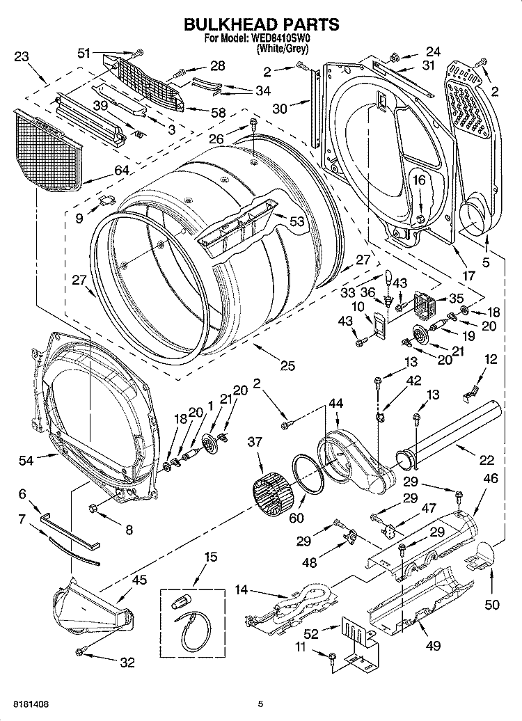 BULKHEAD PARTS Diagram and Parts List for WED8410SW0  Whirlpool Dryer
