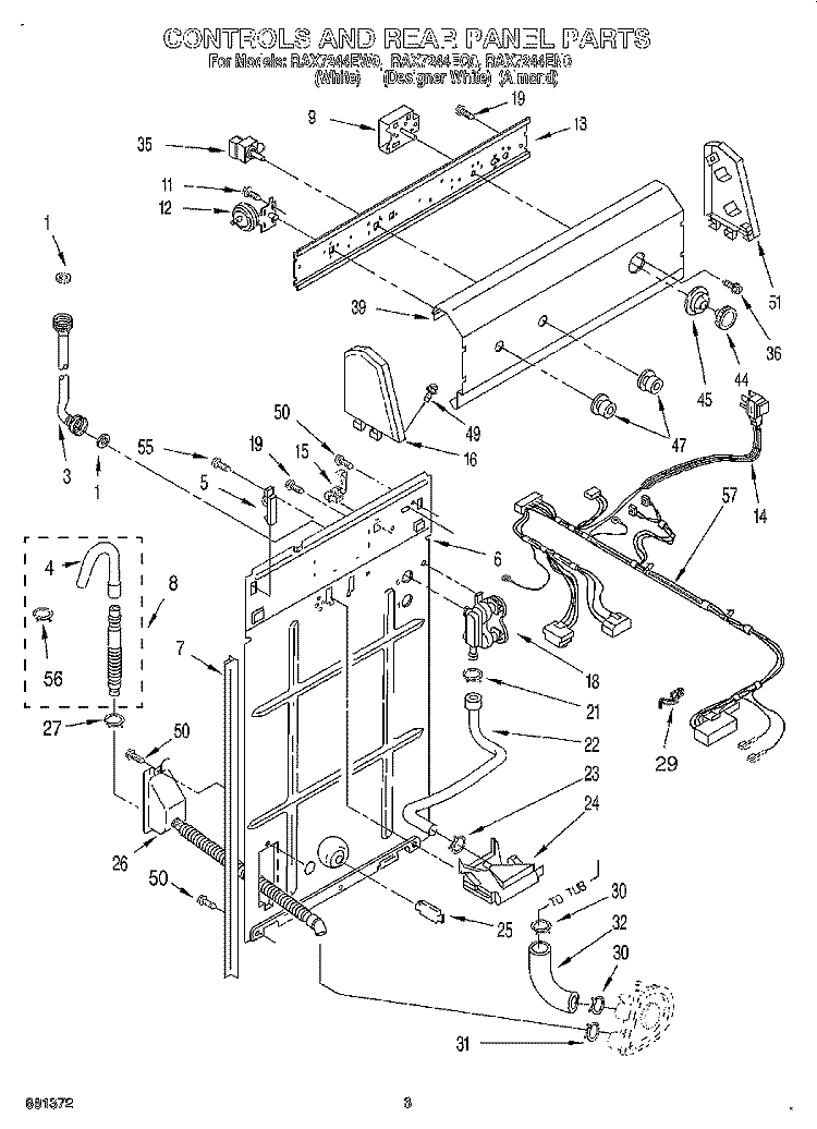 CONTROLS AND REAR PANEL Diagram and Parts List for RAX7244EN0  Roper Washer