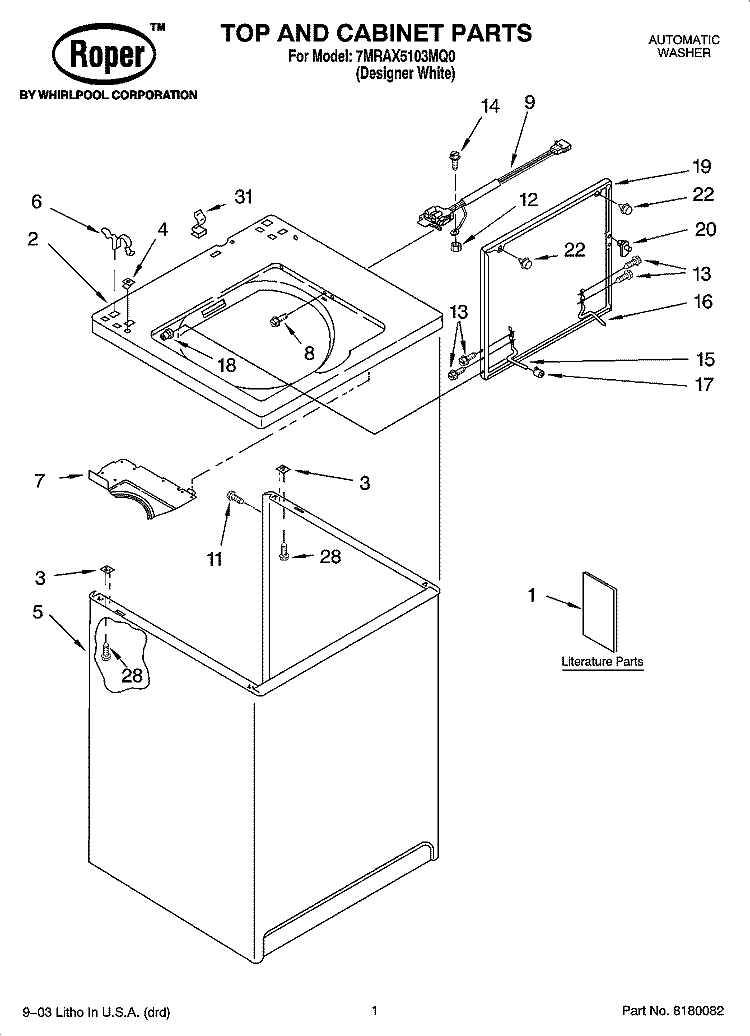TOP AND CABINET PARTS Diagram and Parts List for 7MRAX5103MQ0  Roper Washer