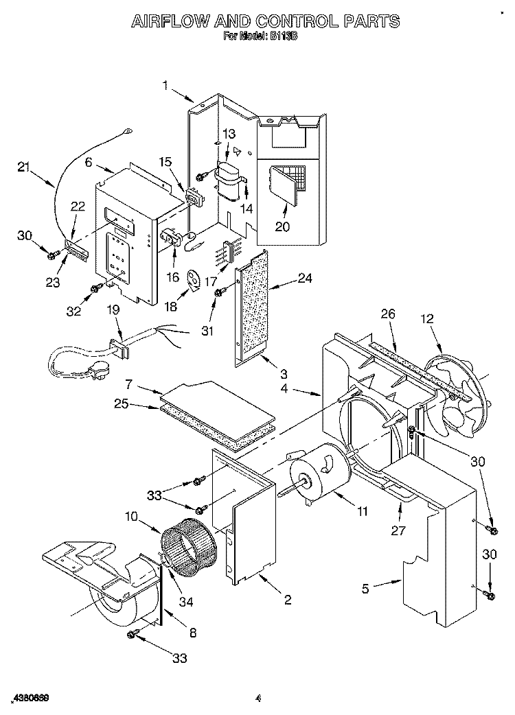 AIRFLOW AND CONTROL Diagram and Parts List for B113B  Whirlpool Air Conditioner