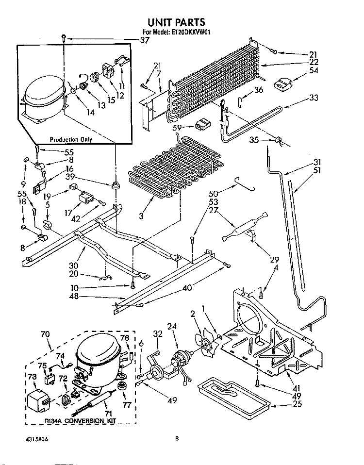 UNIT Diagram and Parts List for ET20DKXVN01  Whirlpool Refrigerator