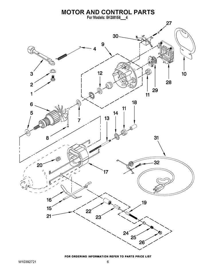 MOTOR AND CONTROL PARTS Diagram and Parts List for 5KSM156EEB4  KitchenAid Mixer