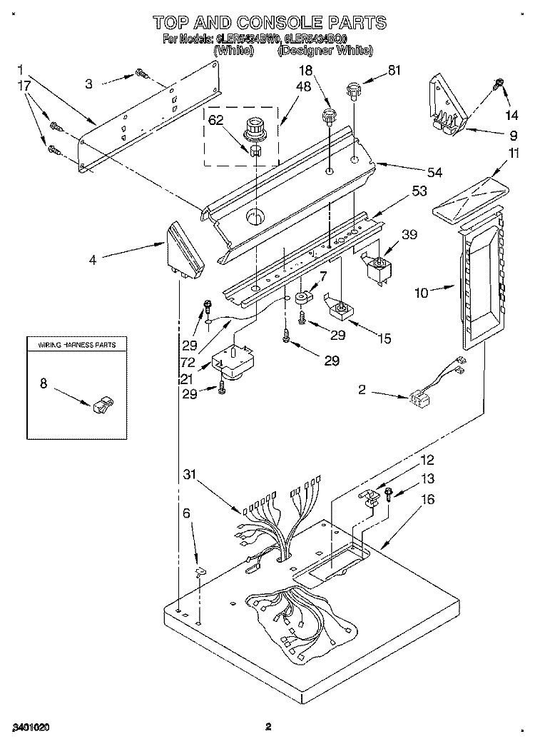 TOP AND CONSOLE, LIT/OPTIONAL Diagram and Parts List for 6LER5434BW0  Whirlpool Dryer