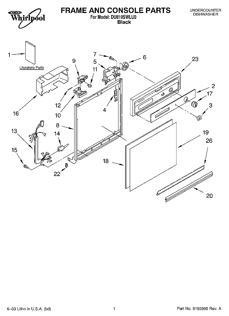 FRAME AND CONSOLE PARTS Diagram and Parts List for DU810SWLU0  Whirlpool Dishwasher