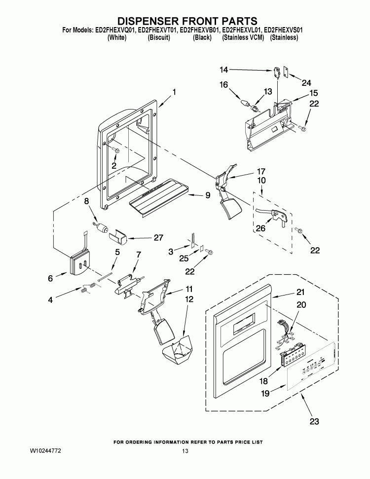 DISPENSER FRONT PARTS Diagram and Parts List for ED2FHEXVB01  Whirlpool Refrigerator