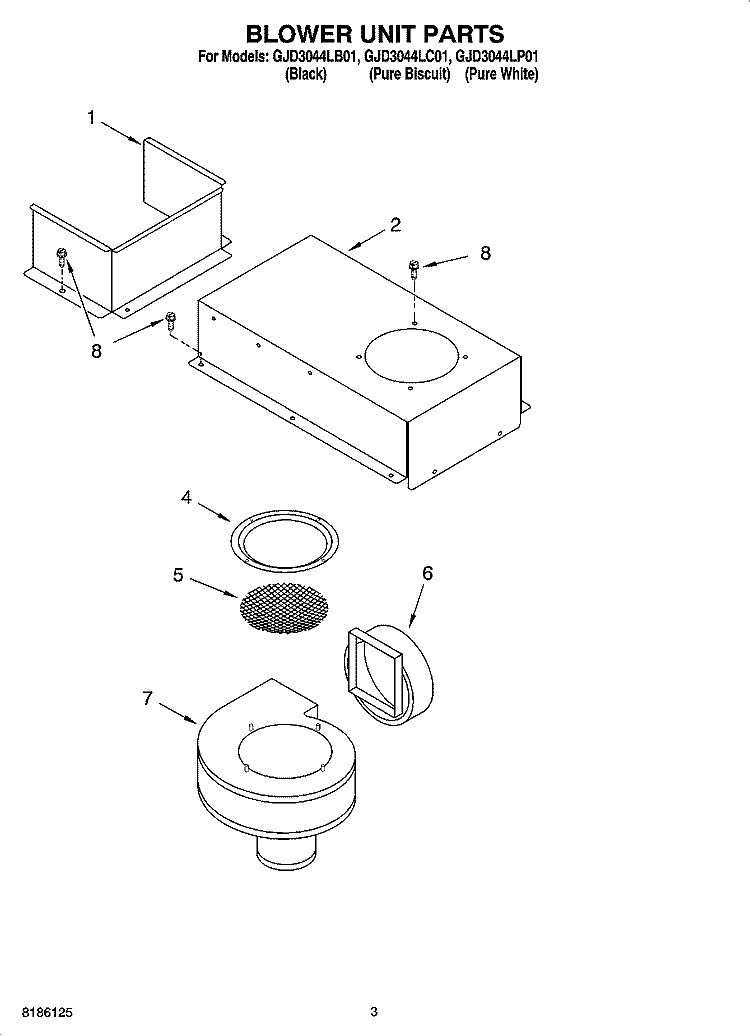 BLOWER UNIT PARTS, MISCELLANEOUS PARTS Diagram and Parts List for GJD3044LC01  Whirlpool Cooktop