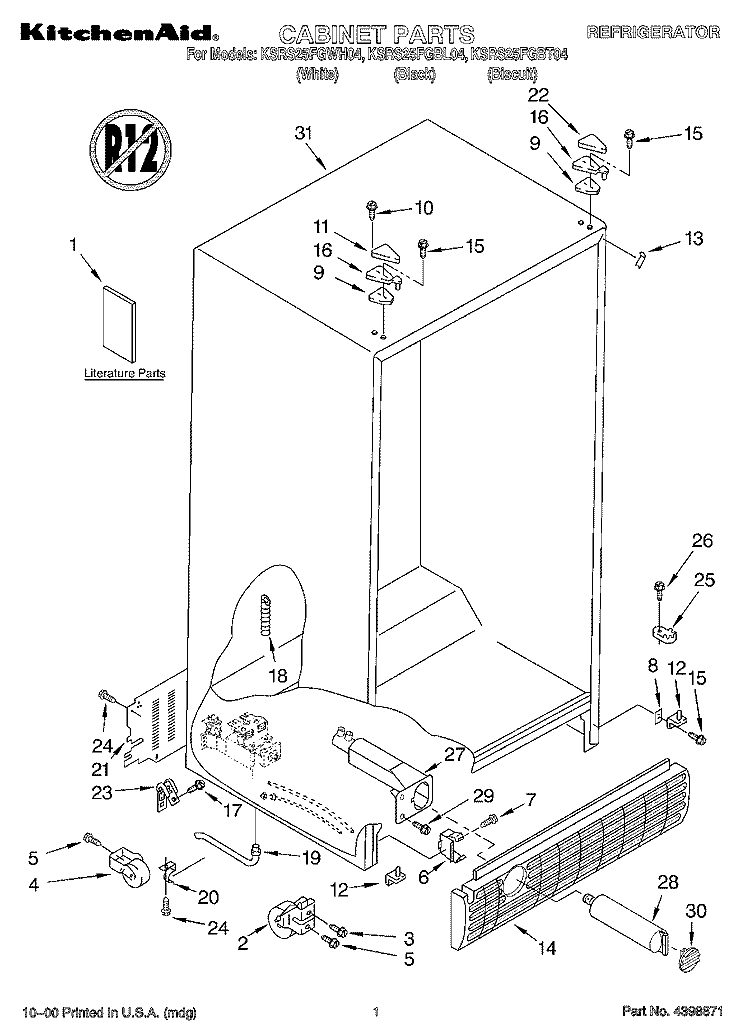 CABINET, LITERATURE Diagram and Parts List for KSRS25FGBT04  KitchenAid Refrigerator
