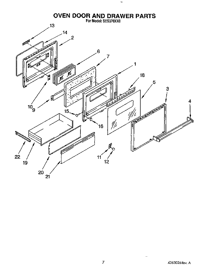 OVEN DOOR AND DRAWER Diagram and Parts List for SES370XX0  Roper Range