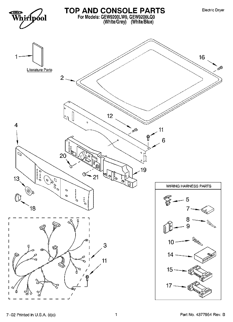 TOP AND CONSOLE, LITERATURE Diagram and Parts List for GEW9200LW0  Whirlpool Dryer