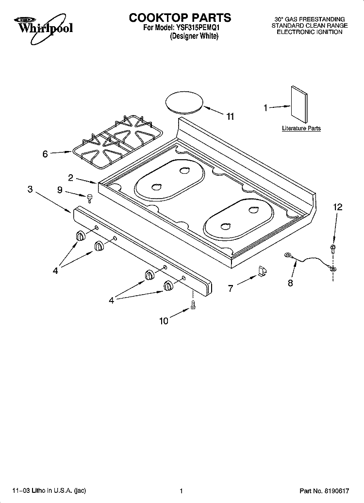 COOKTOP PARTS Diagram and Parts List for YSF315PEMQ1  Whirlpool Range