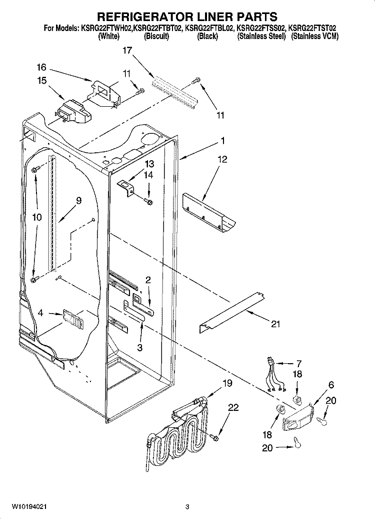REFRIGERATOR LINER PARTS Diagram and Parts List for KSRG22FTSS02  KitchenAid Refrigerator