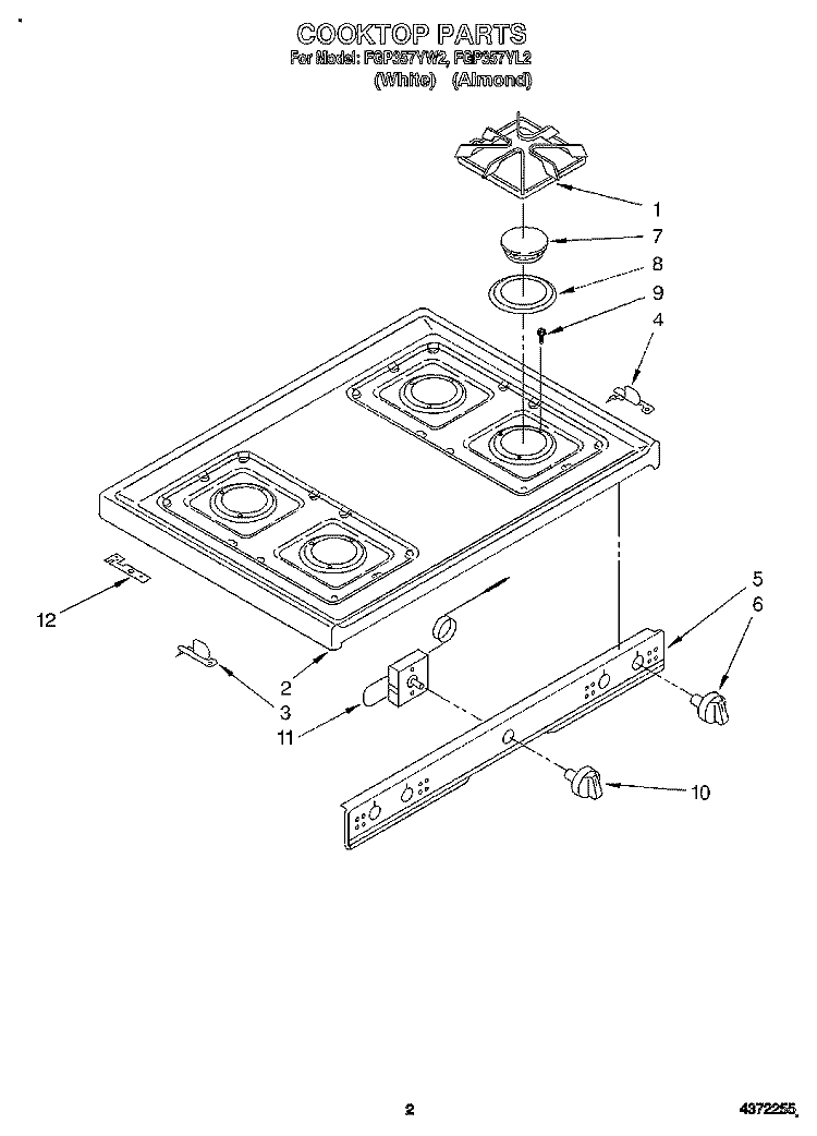 COOKTOP Diagram and Parts List for FGP357YW2  Whirlpool Range