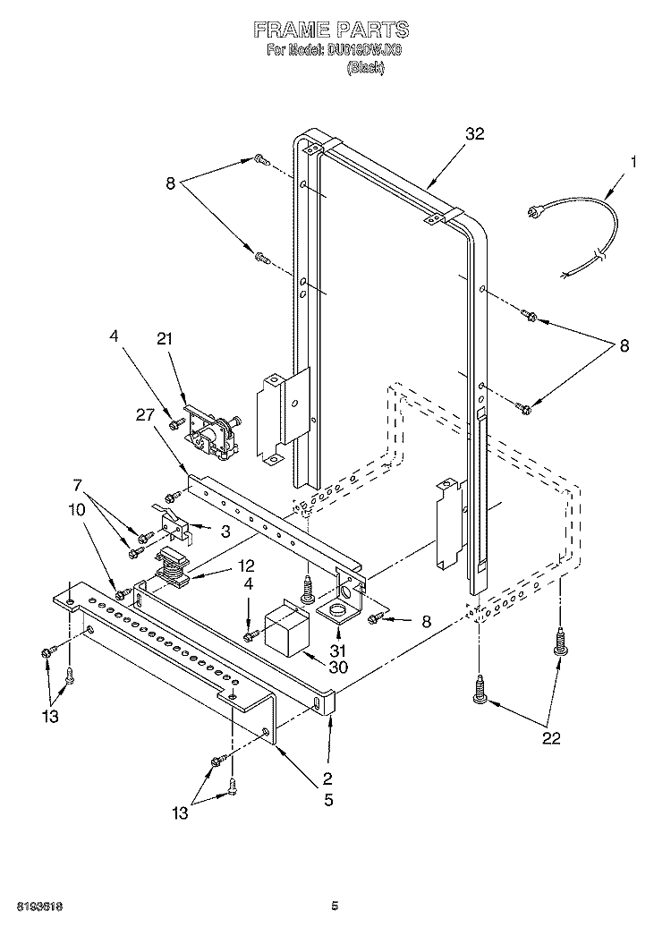 FRAME Diagram and Parts List for DU018DWJX0  Whirlpool Dishwasher