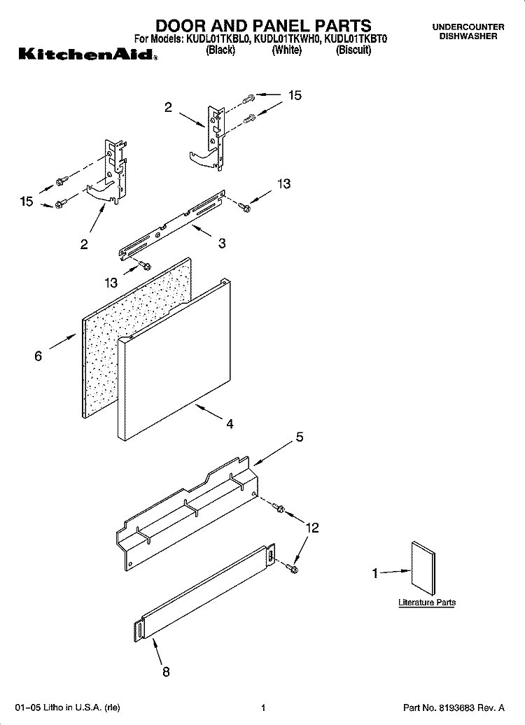 DOOR AND PANEL PARTS Diagram and Parts List for KUDL01TKBL0  KitchenAid Dishwasher