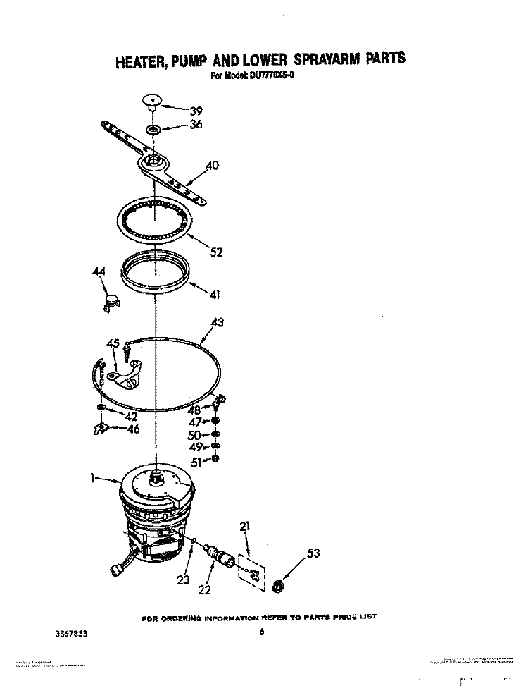 HEATER, PUMP AND LOWER SPRAYARM Diagram and Parts List for DU7770XS0  Whirlpool Dishwasher
