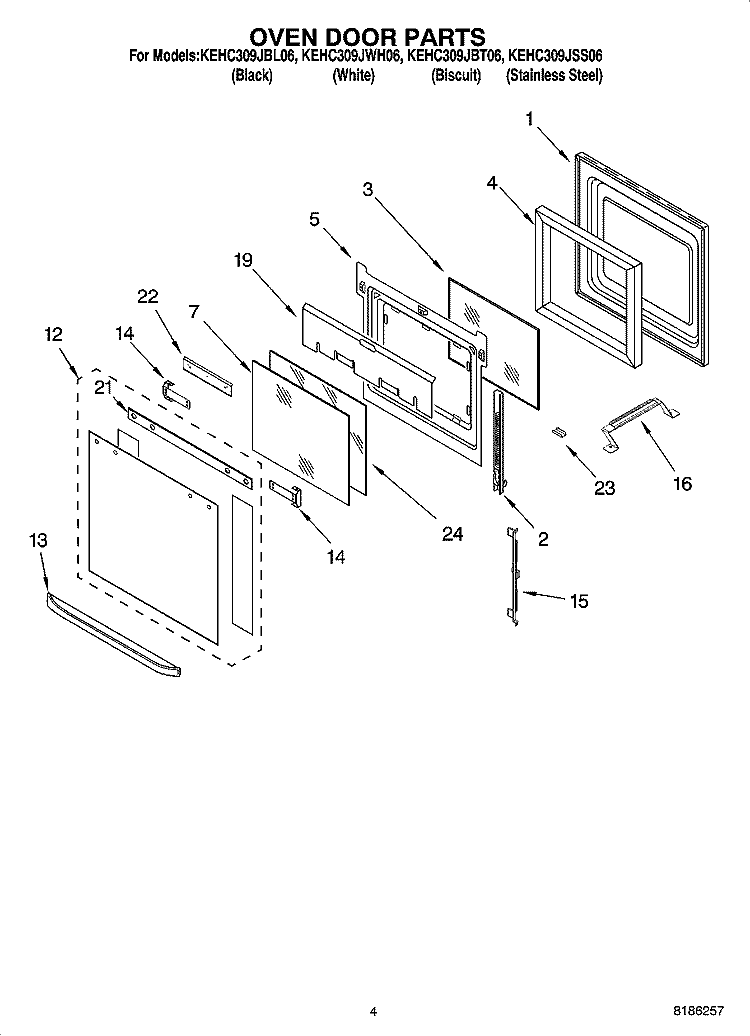 OVEN DOOR PARTS Diagram and Parts List for KEHC309JBL06  KitchenAid Microwave Oven Combo