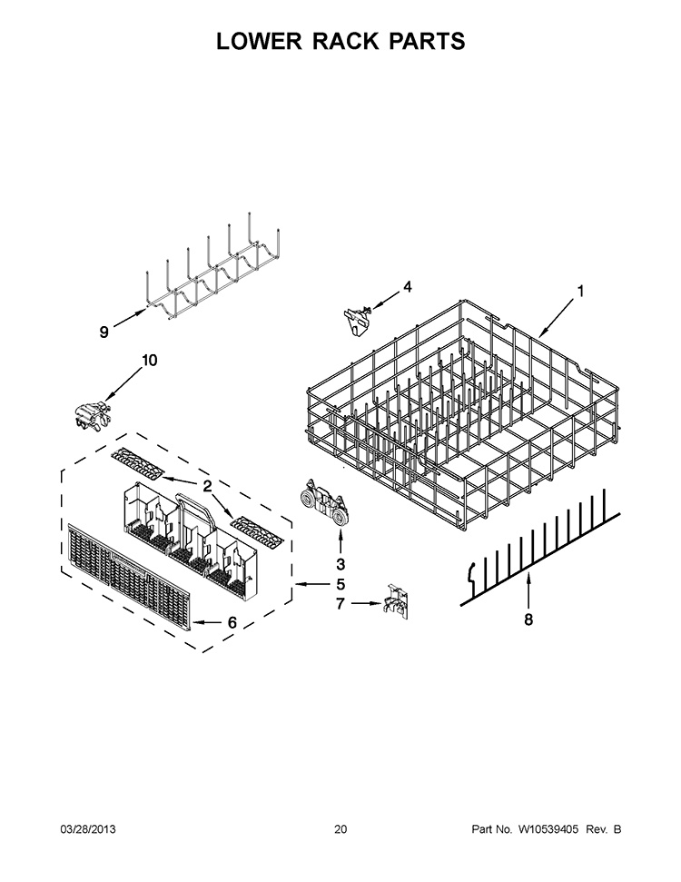 LOWER RACK PARTS Diagram and Parts List for WDL785SAAM1  Whirlpool Dishwasher