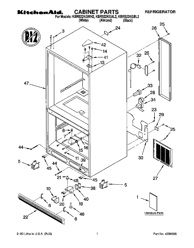 CABINET, LITERATURE Diagram and Parts List for KBRS22KGBL2  KitchenAid Refrigerator