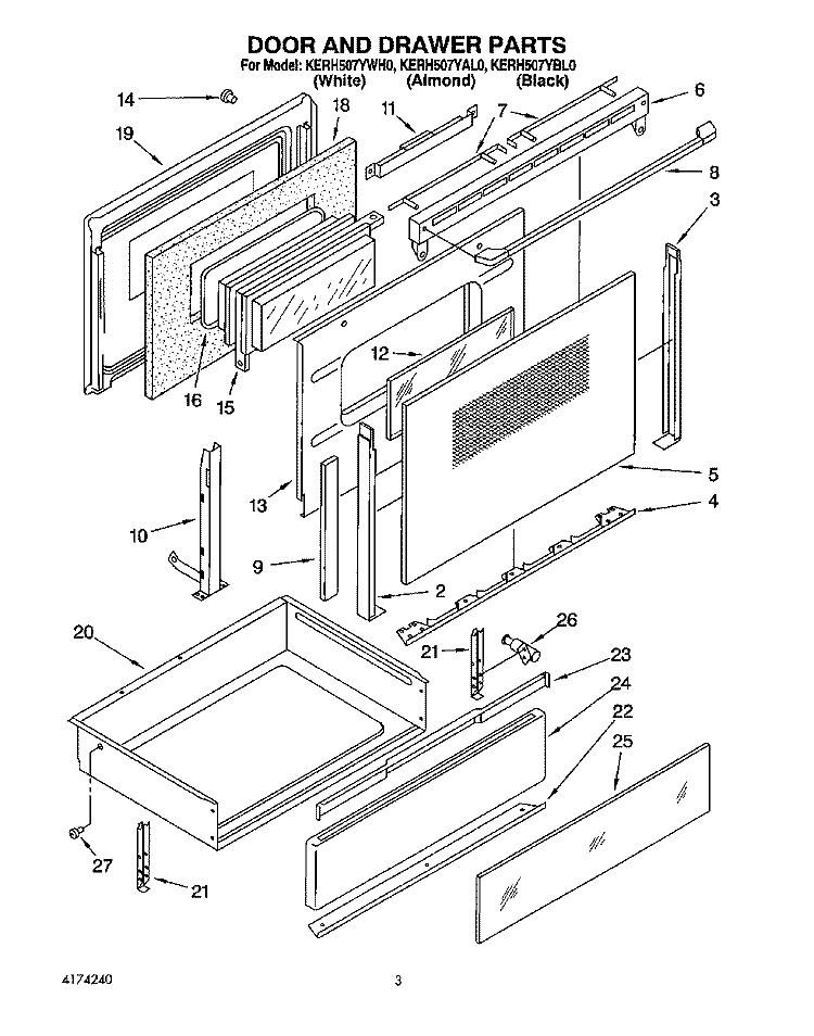 DOOR AND DRAWER Diagram and Parts List for KERH507YWH0  KitchenAid Range