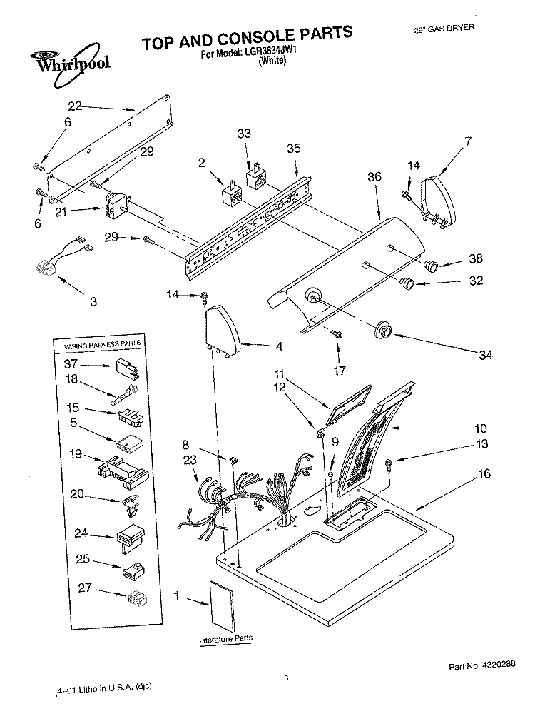 TOP AND CONSOLE, LIT/OPTIONAL Diagram and Parts List for LGR3634JW1  Whirlpool Dryer