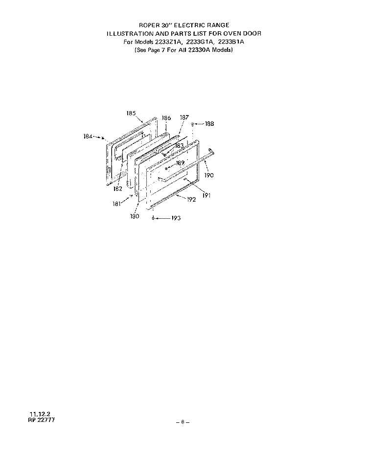 SECTION Diagram and Parts List for 2233W0A  Roper Range