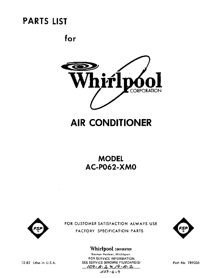 COVER Diagram and Parts List for ACP062XM0  Whirlpool Air Conditioner