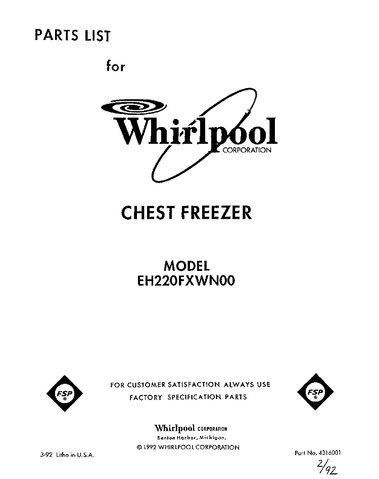 SECTION Diagram and Parts List for EH220FXWN00  Whirlpool Freezer