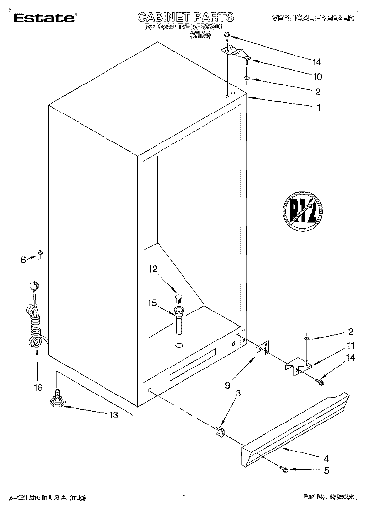 CABINET Diagram and Parts List for TVF15FRGW00  Whirlpool Freezer