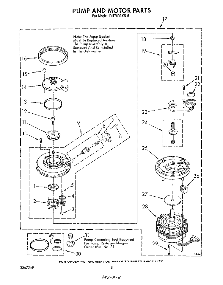 PUMP AND MOTOR Diagram and Parts List for DU7800XS6  Whirlpool Dishwasher