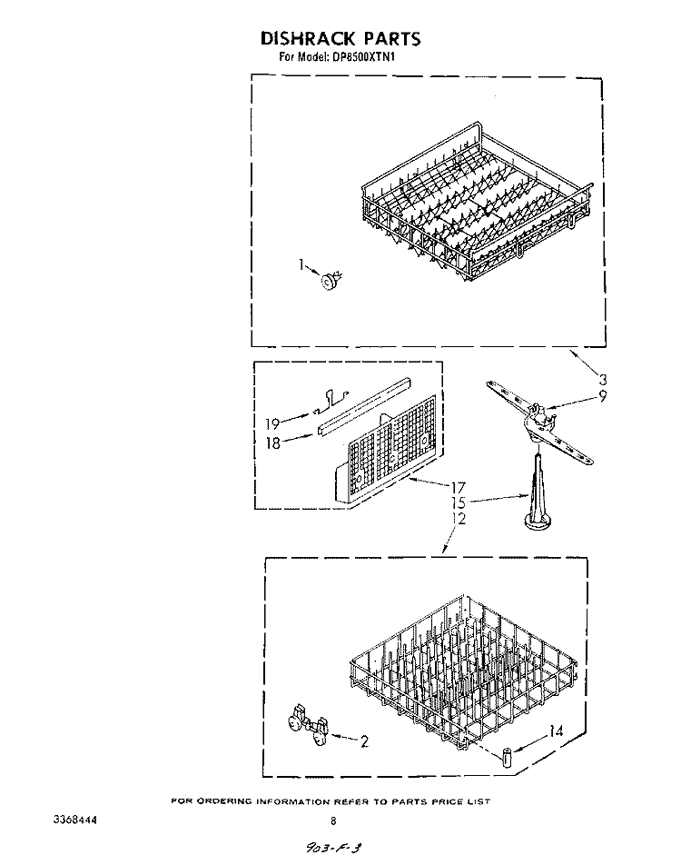DISH RACK Diagram and Parts List for DP8500XTN1  Whirlpool Dishwasher