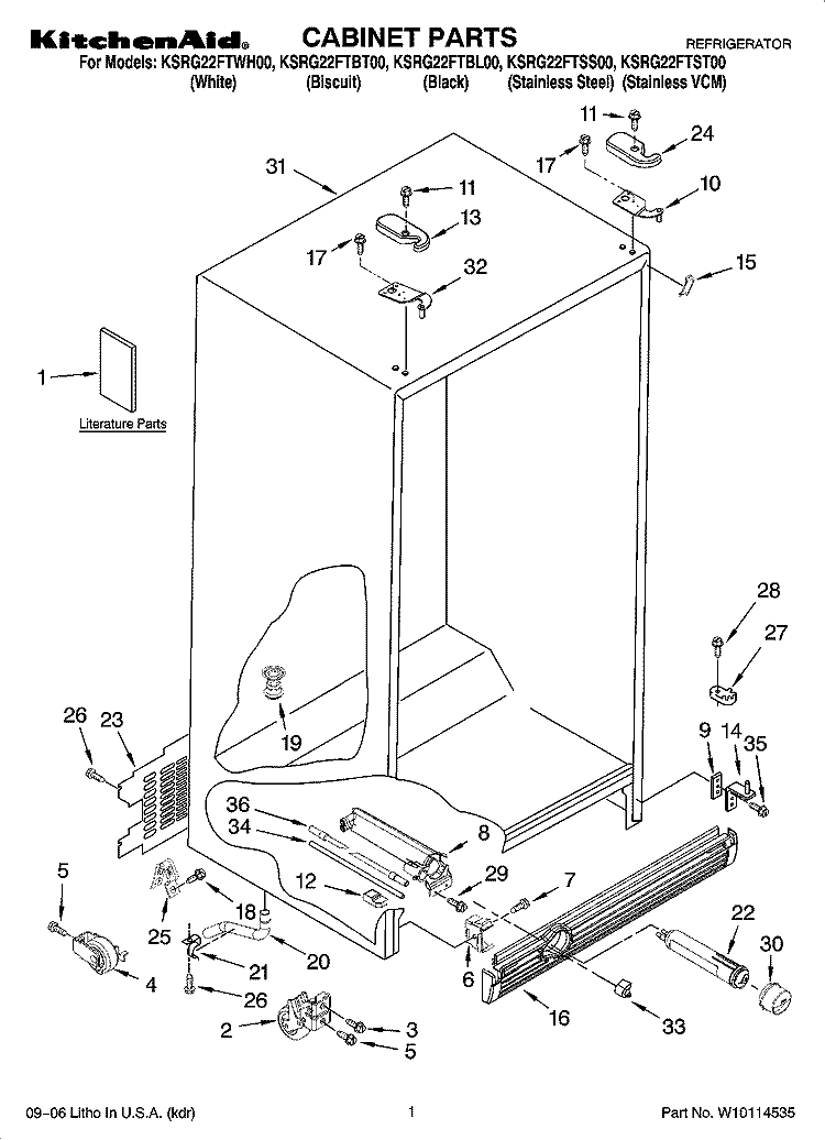 CABINET PARTS Diagram and Parts List for KSRG22FTBT00  KitchenAid Refrigerator