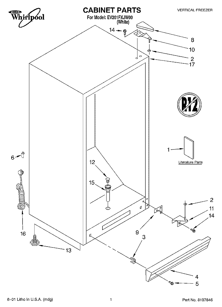 CABINET, LITERATURE Diagram and Parts List for EV201FXJW00  Whirlpool Freezer