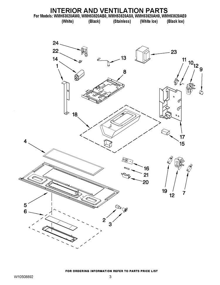 INTERIOR AND VENTILATION PARTS Diagram and Parts List for WMH53520AS0  Whirlpool Microwave