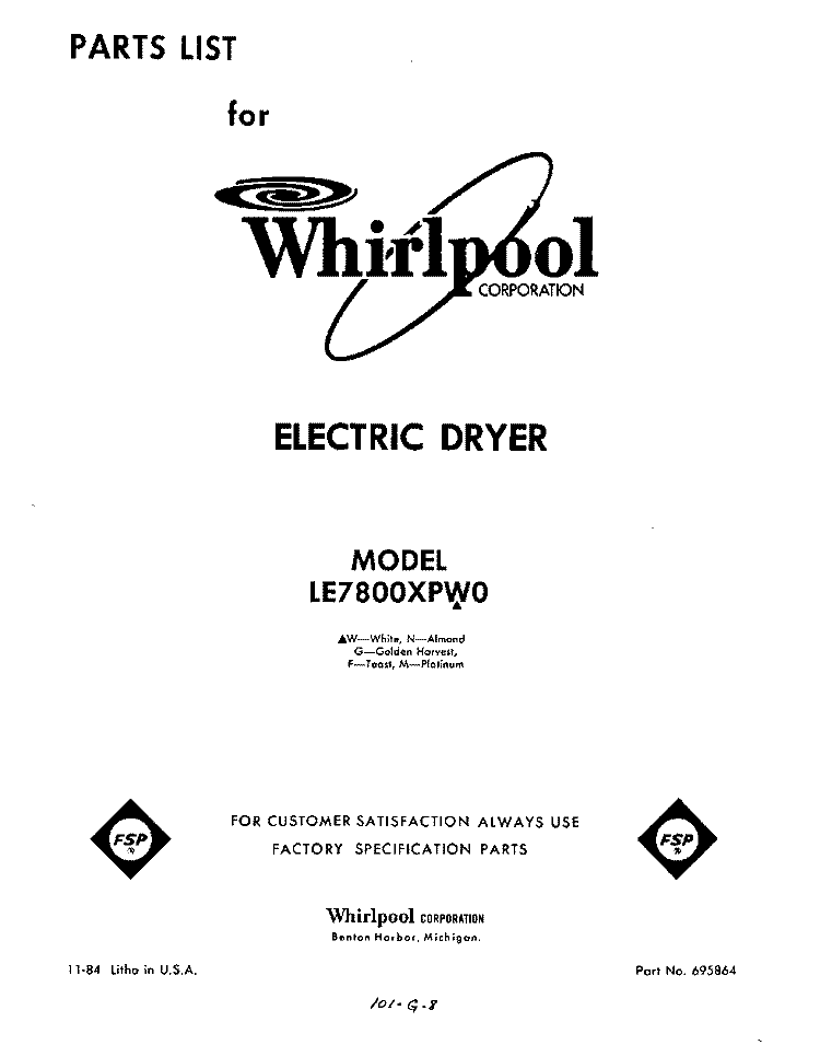 SECTION Diagram and Parts List for LE7800XPW0  Whirlpool Dryer