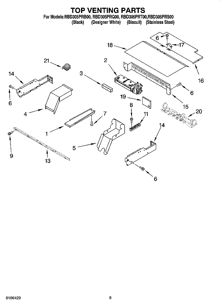 TOP VENTING PARTS, OPTIONAL PARTS Diagram and Parts List for RBD305PRQ00  Whirlpool Wall Oven