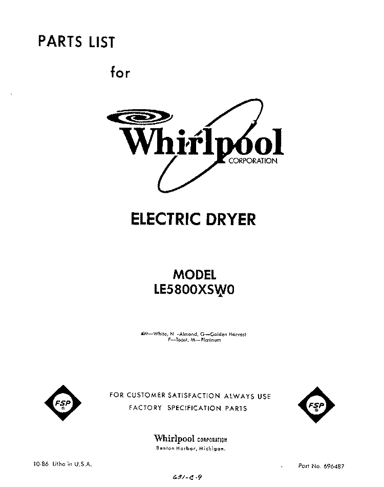 SECTION Diagram and Parts List for LE5800XSW0  Whirlpool Dryer