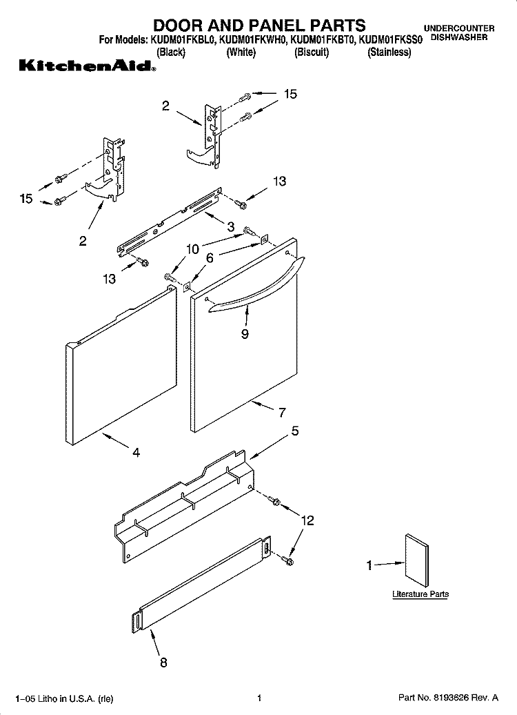 DOOR AND PANEL PARTS Diagram and Parts List for KUDM01FKSS0  KitchenAid Dishwasher