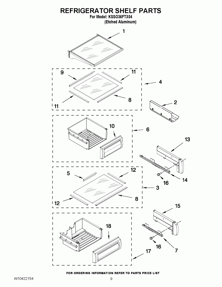 REFRIGERATOR SHELF PARTS Diagram and Parts List for KSSO36FTX04  KitchenAid Refrigerator