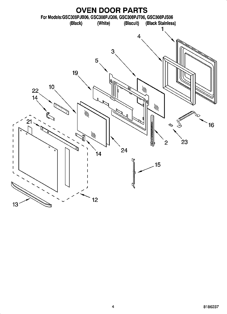 OVEN DOOR PARTS Diagram and Parts List for GSC308PJS06  Whirlpool Microwave Oven Combo