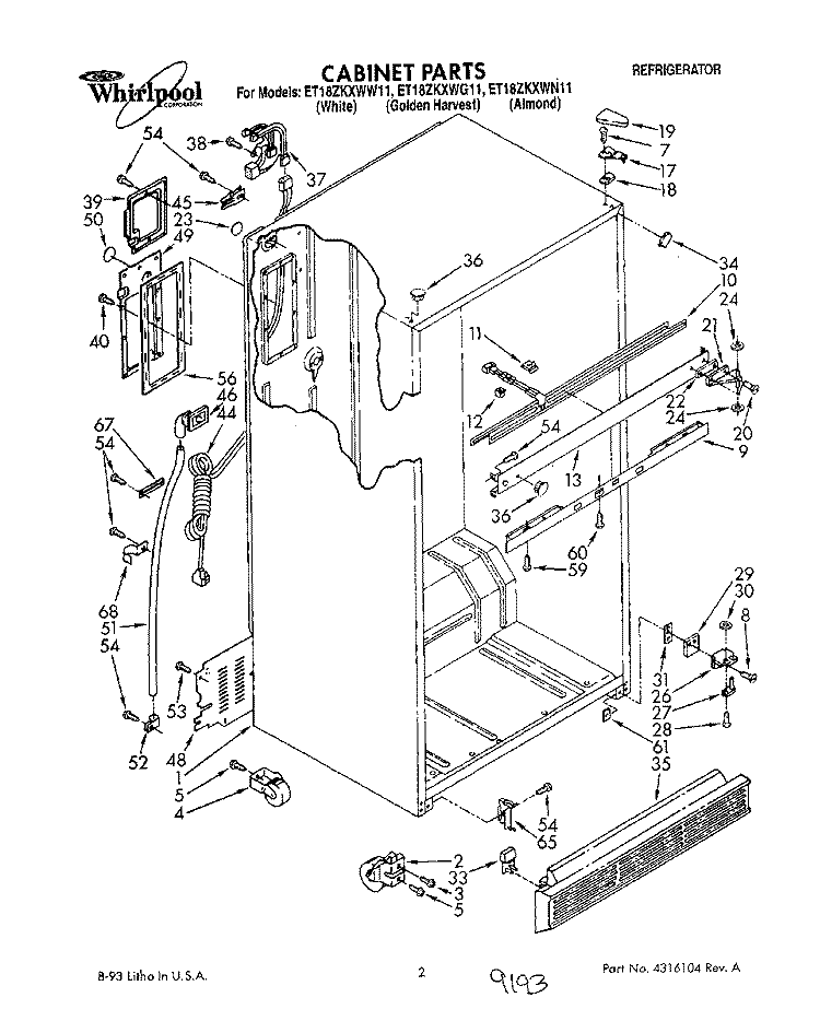 CABINET Diagram and Parts List for ET18ZKXWW11  Whirlpool Refrigerator