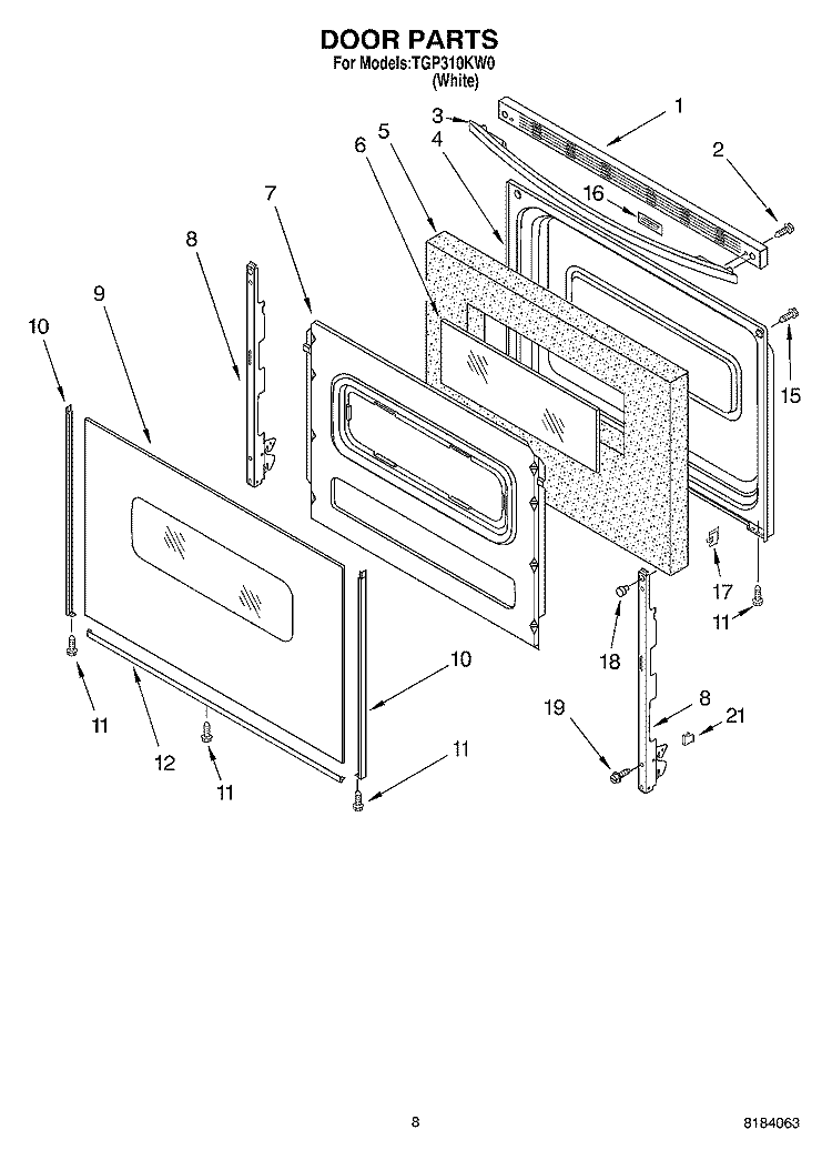 DOOR, OPTIONAL Diagram and Parts List for TGP310KW0  Estate Range