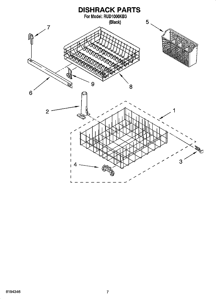 DISHRACK PARTS, OPTIONAL PARTS (NOT INCLUDED) Diagram and Parts List for RUD1000KB3  Roper Dishwasher