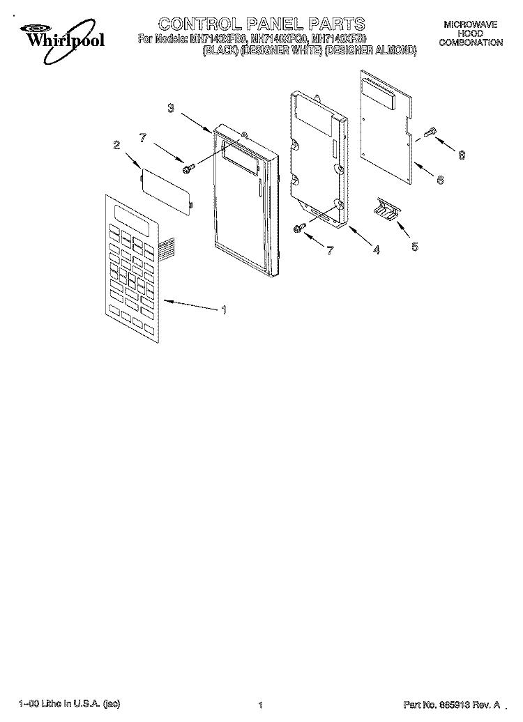 CONTROL PANEL, LITERATURE Diagram and Parts List for MH7140XFZ0  Whirlpool Microwave