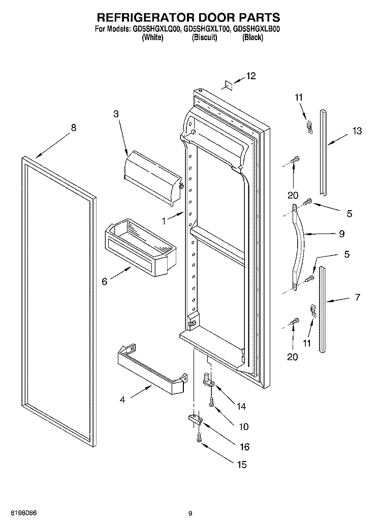 REFRIGERATOR DOOR Diagram and Parts List for GD5SHGXLT00  Whirlpool Refrigerator