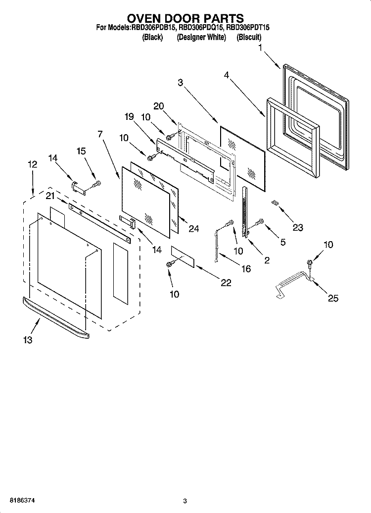 OVEN DOOR PARTS Diagram and Parts List for RBD306PDB15  Whirlpool Wall Oven