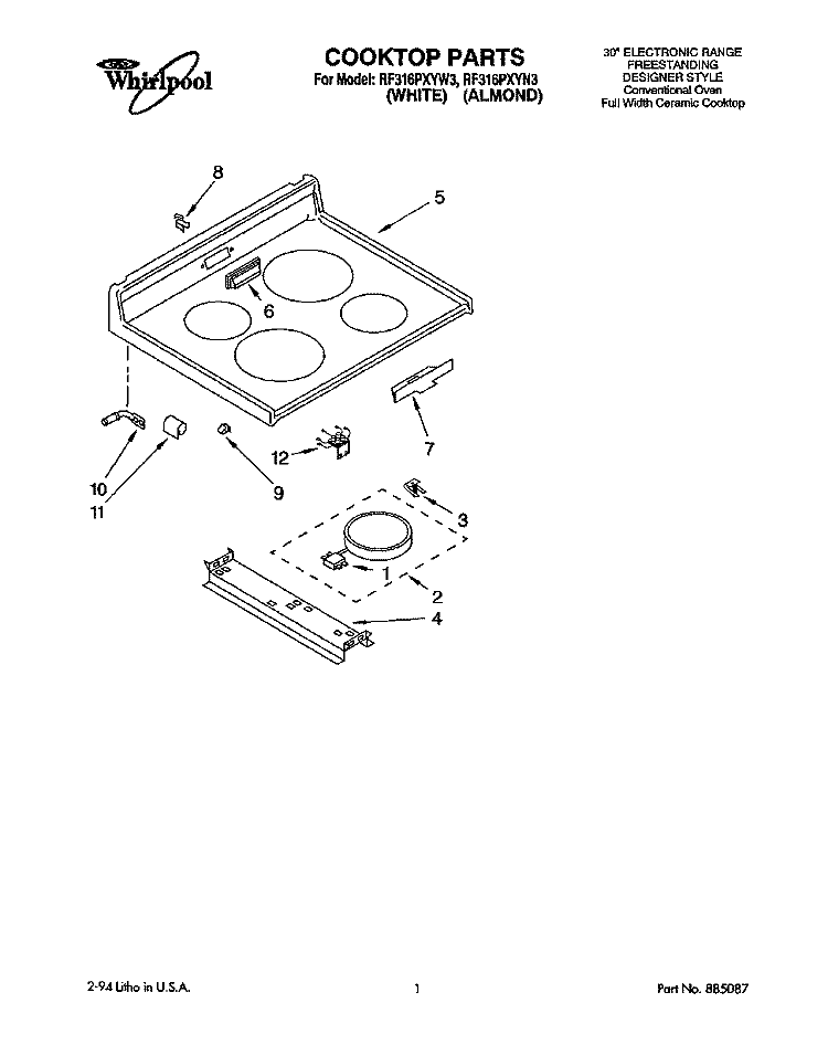COOKTOP, LITERATURE Diagram and Parts List for RF316PXYN3  Whirlpool Range