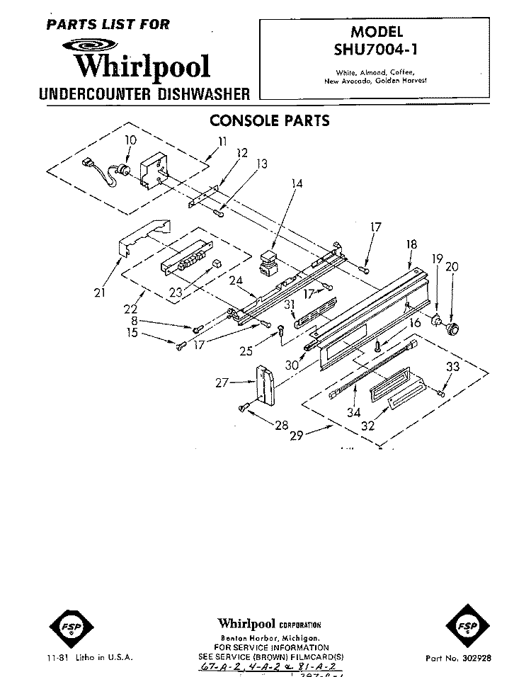 CONSOLE Diagram and Parts List for SHU70041  Whirlpool Dishwasher